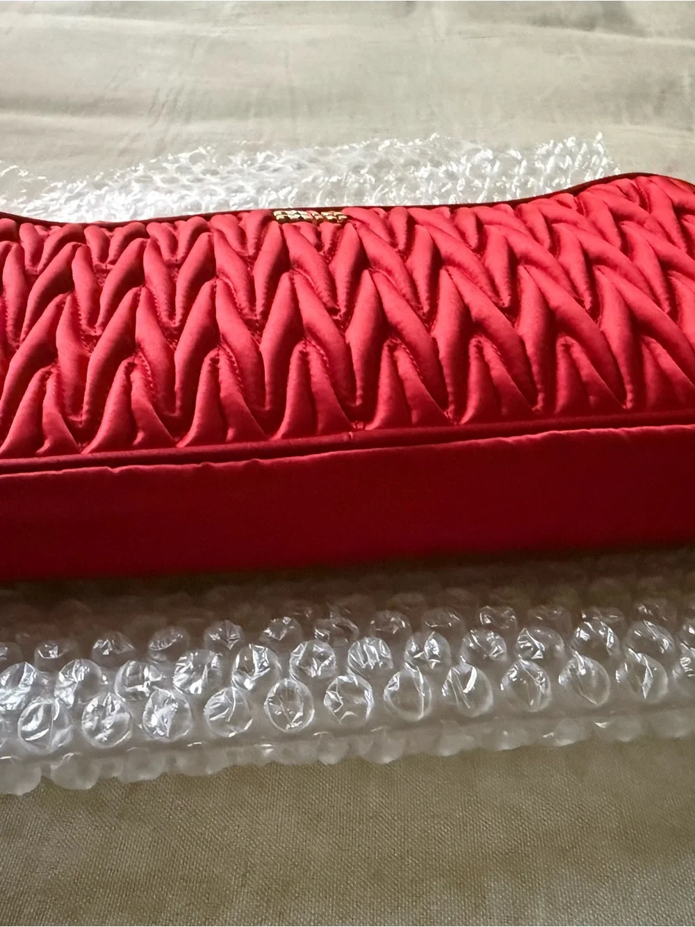 Miu Miu Red Quilted Matelassé Cosmetic Pouch with Gold Logo